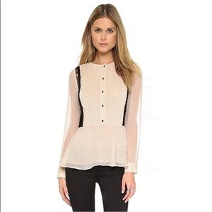Alice + Olivia Elysia Lace Paneled Plisse-Georgette Off White/Black Peplum Top L